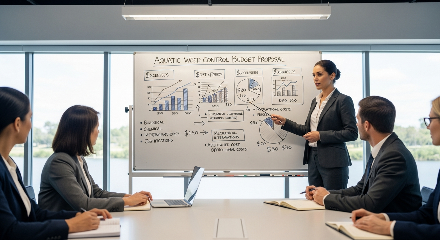 Environmental consultant presenting aquatic weed control budget proposal with cost charts