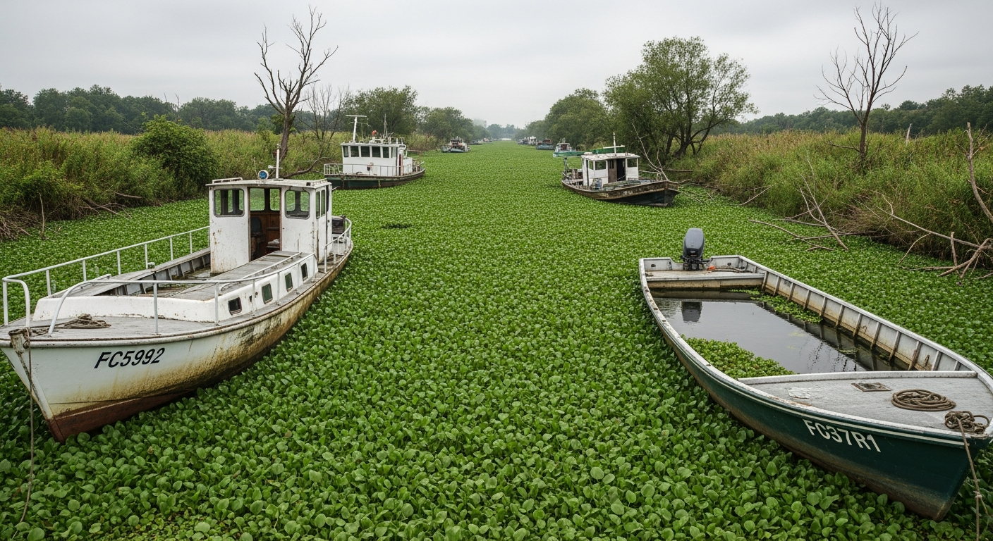 Severely clogged waterway with untreated Ludwigia infestation, boats unable to navigate