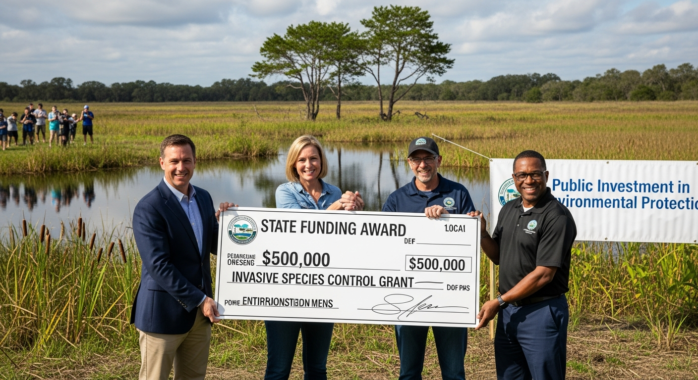 State grant funding award ceremony for invasive species control at restored wetland