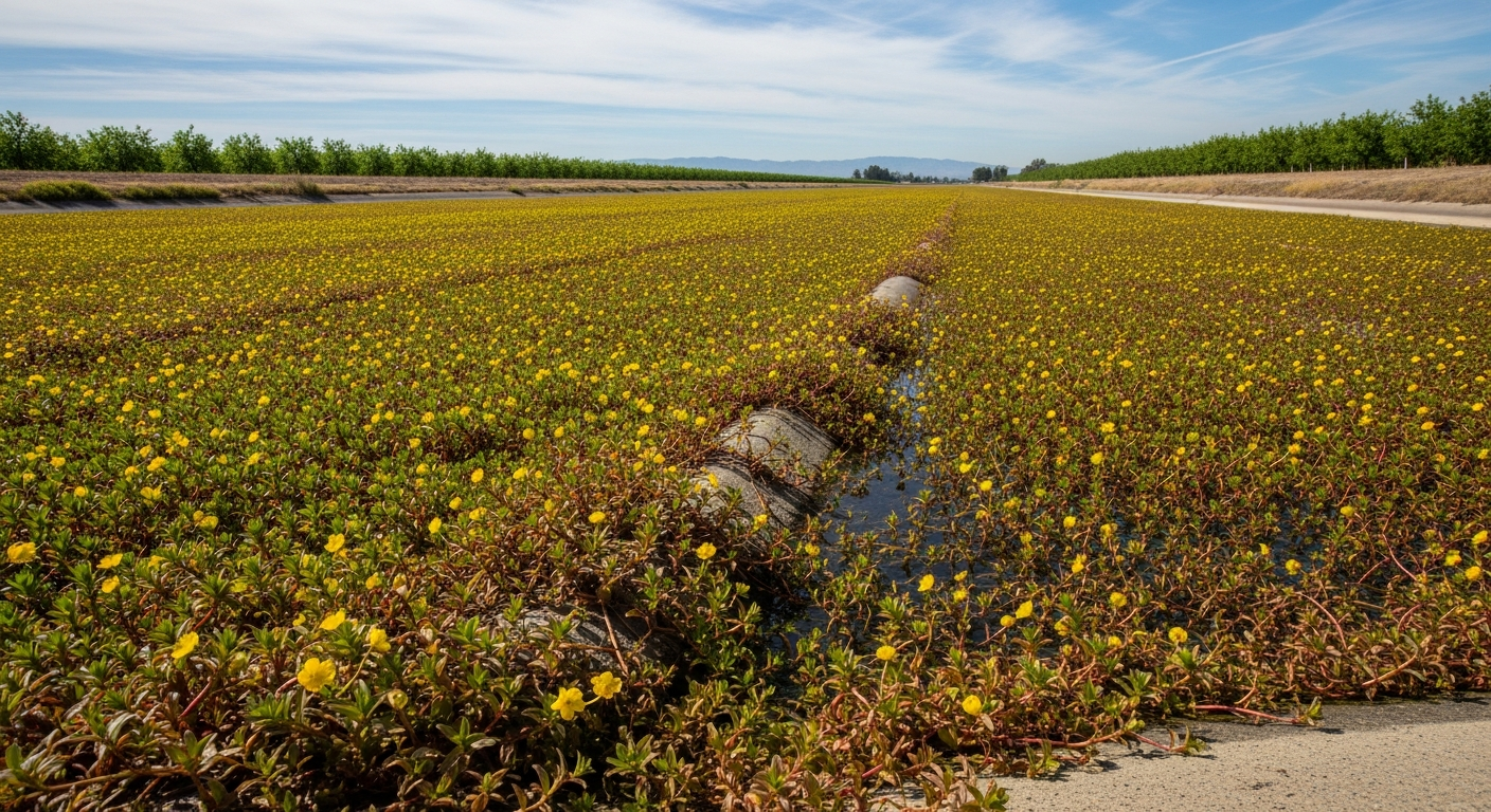 Creeping water primrose covering Central Valley California irrigation canals