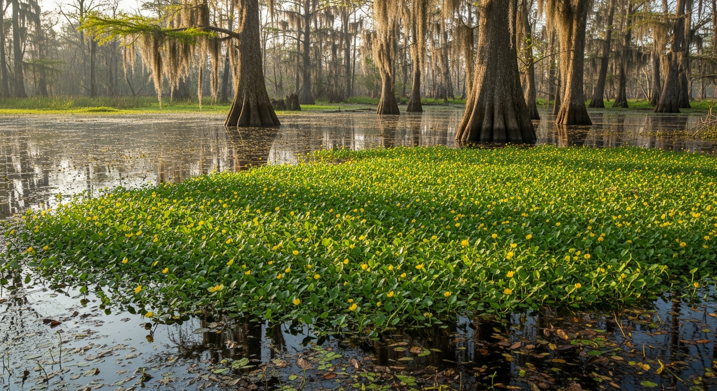 Ludwigia peploides invading Louisiana bayou wetland with Spanish moss background