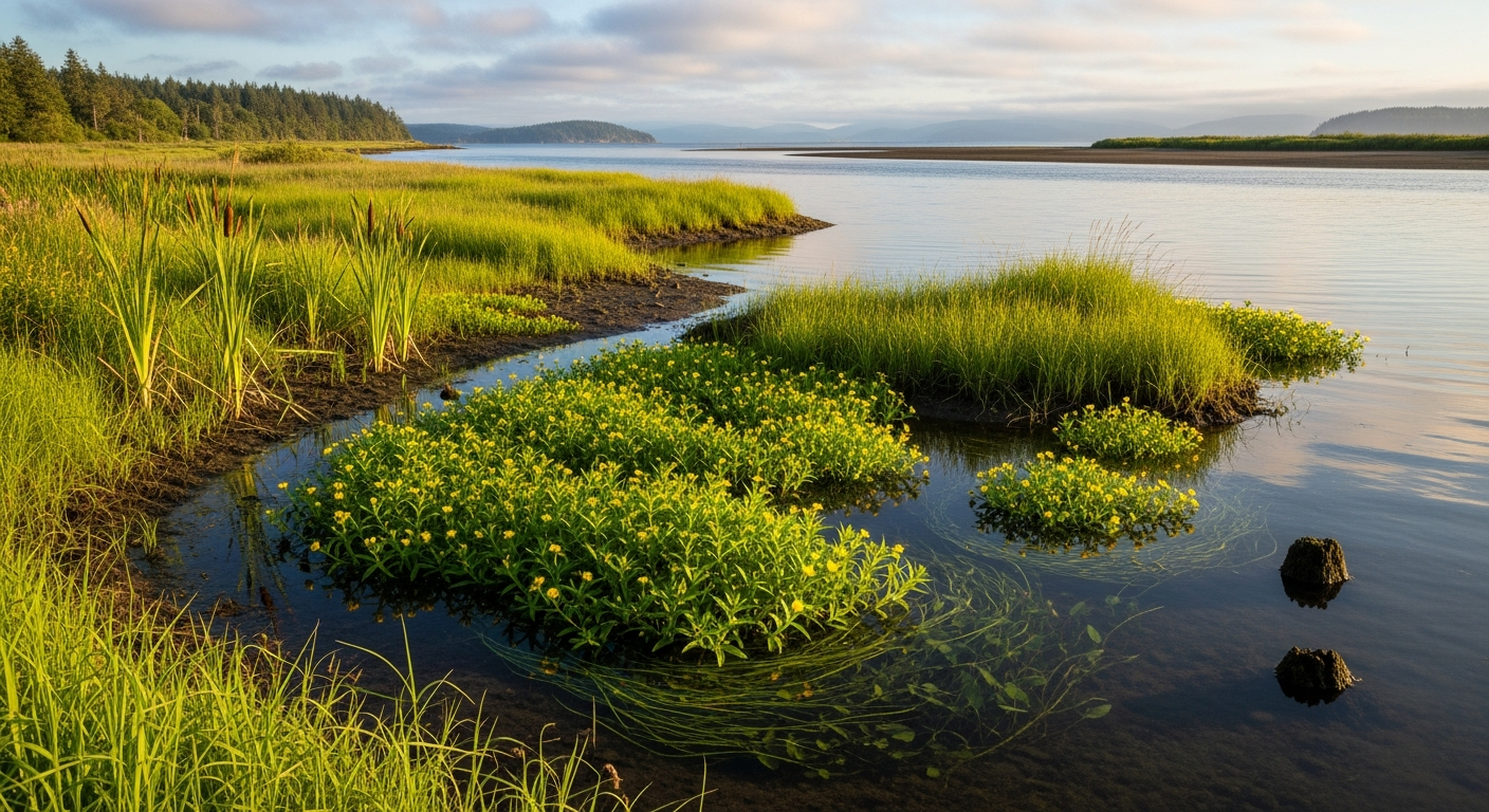 Pacific Northwest river estuary with early Ludwigia peploides infestation establishing
