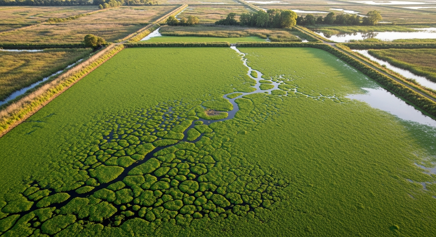 Aerial view of Sacramento-San Joaquin Delta covered by Ludwigia peploides infestation