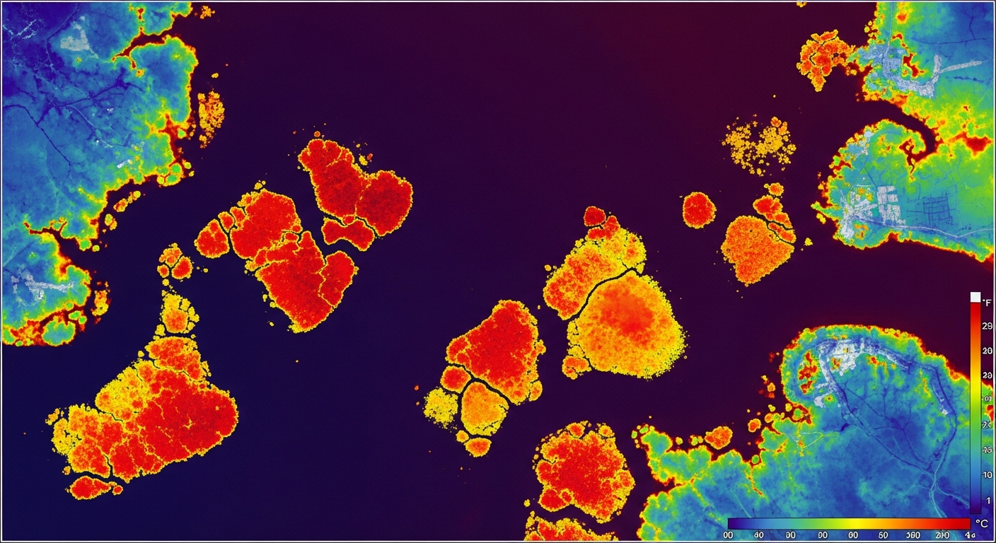Satellite remote sensing image showing Ludwigia peploides spread across water body