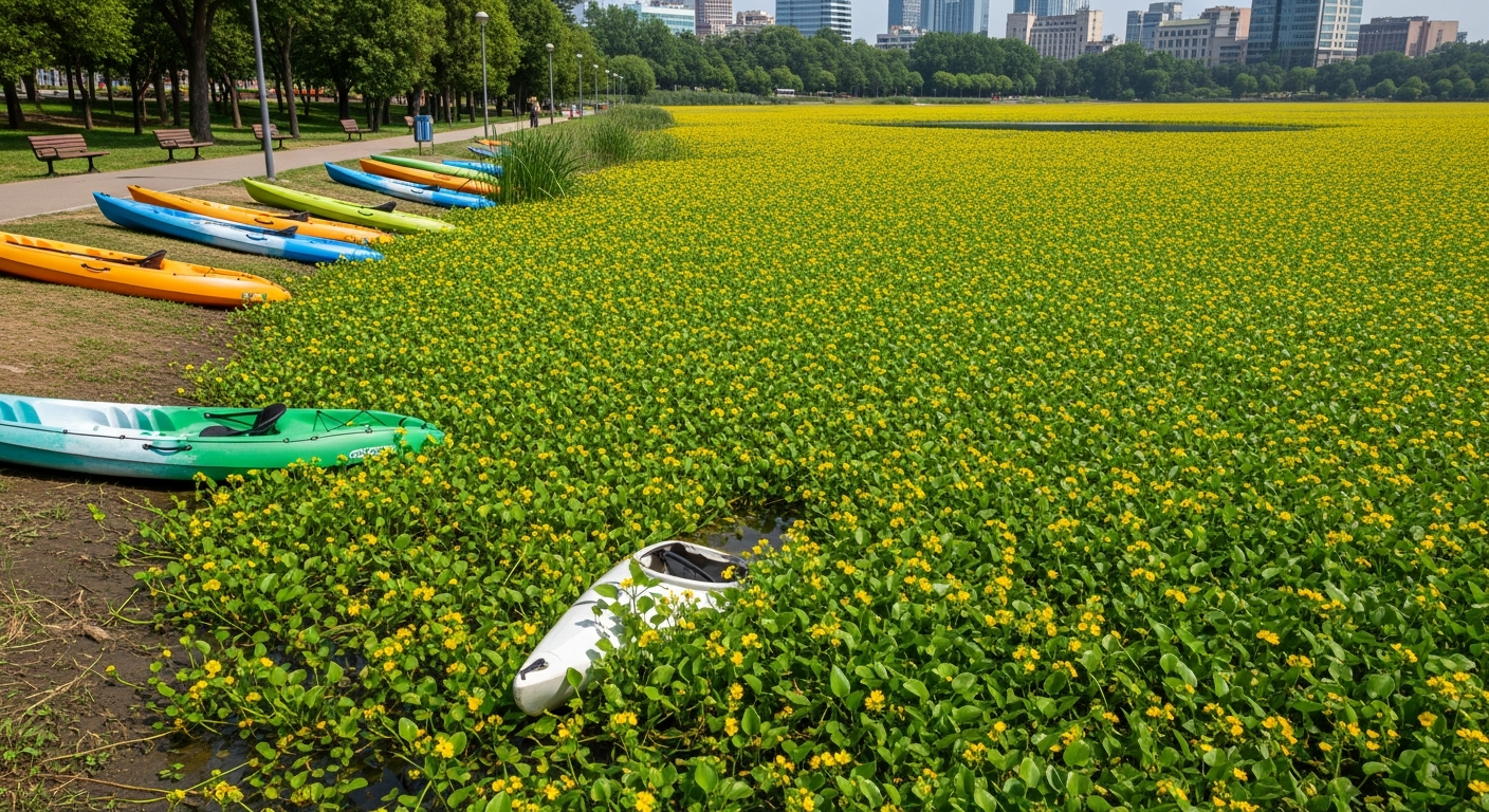 Urban lake in city park overtaken by Ludwigia peploides blocking recreational access