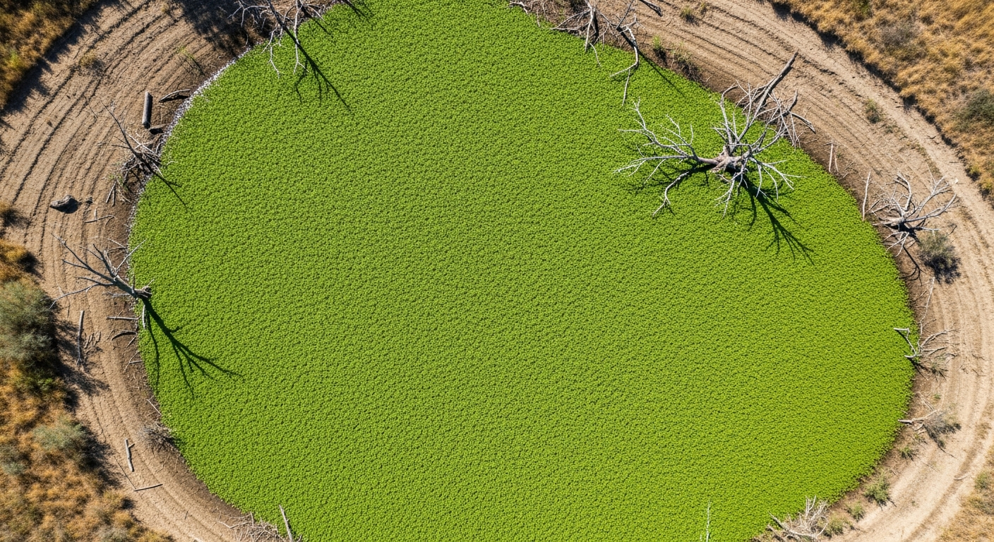 Aerial view of lake surface completely blocked by Ludwigia peploides invasion