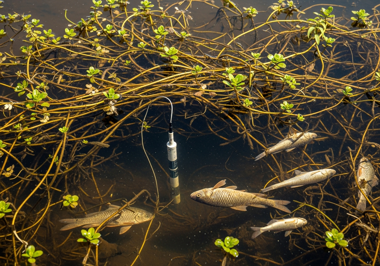 Dissolved oxygen testing equipment below Ludwigia mat showing anoxic water conditions