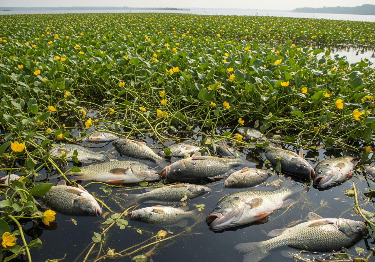 Dead fish in hypoxic zone created by Ludwigia peploides mat oxygen depletion