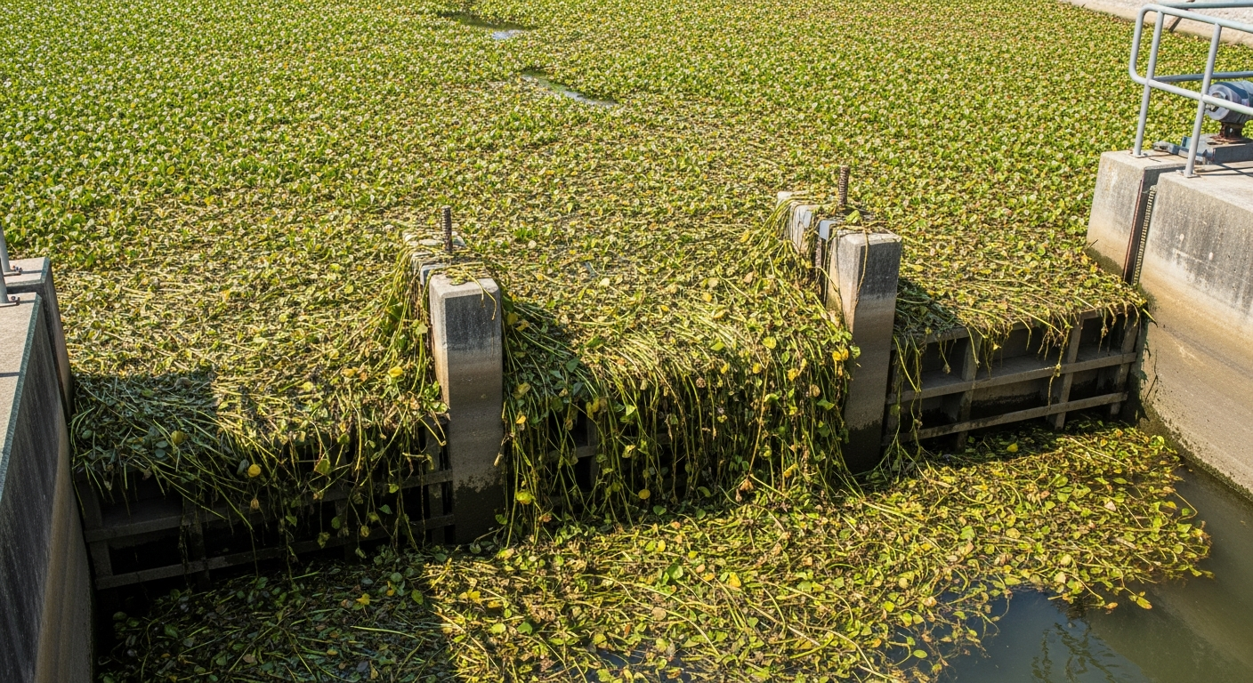 Floodwater infrastructure and irrigation canal clogged by Ludwigia peploides biomass