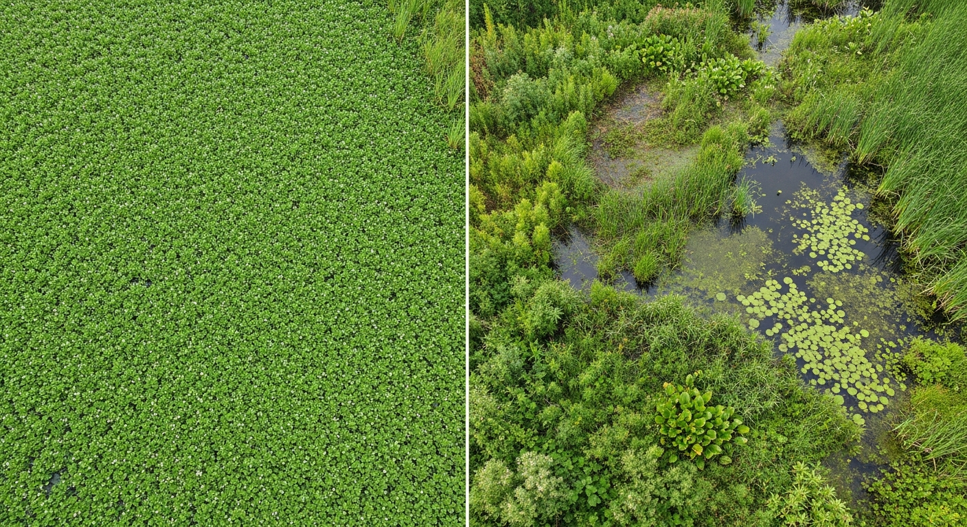 Side-by-side comparison of Ludwigia invaded wetland versus healthy native plant wetland