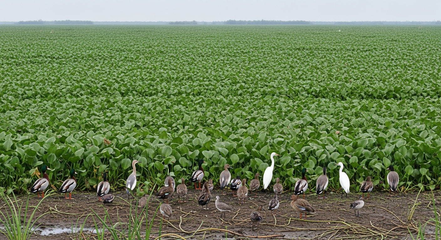 Migratory birds unable to access habitat covered by dense invasive aquatic weed mat