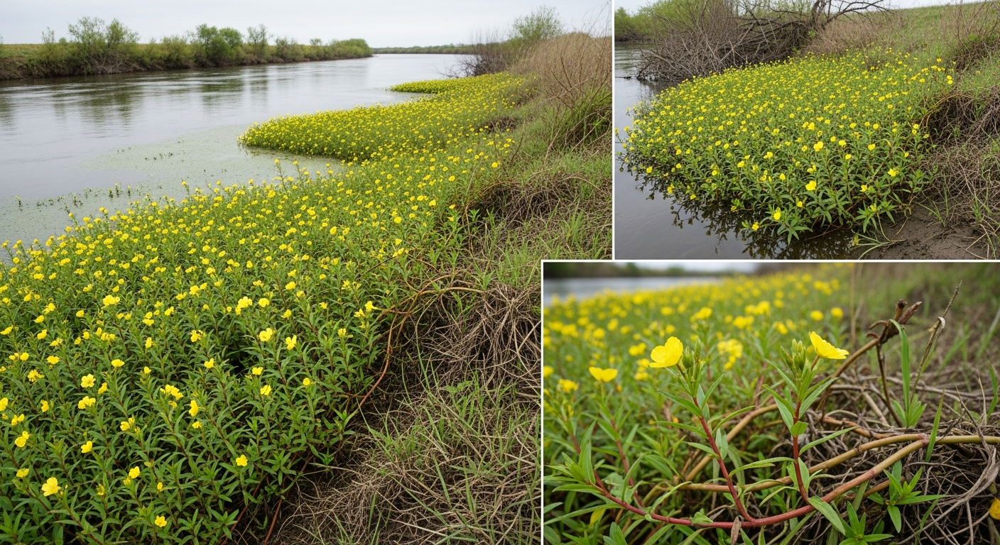Native riparian vegetation displaced by creeping water primrose along river bank