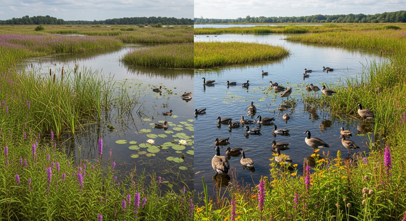 Pristine wetland ecosystem with diverse native plants and migratory waterfowl