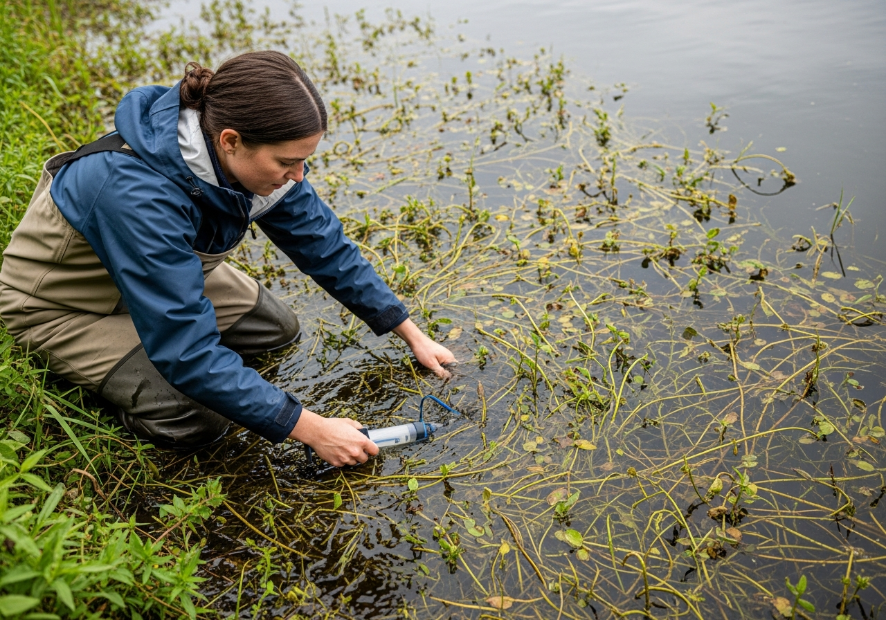 Water quality scientist collecting samples from beneath dense aquatic weed mat