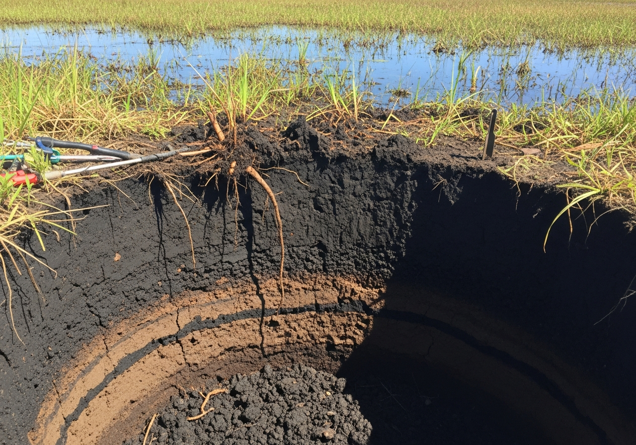 Carbon-rich wetland peat soil exposed during Ludwigia removal restoration research
