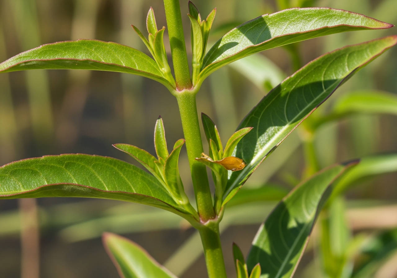 Alternating leaves along Ludwigia peploides stem showing glabrous surface and petioles