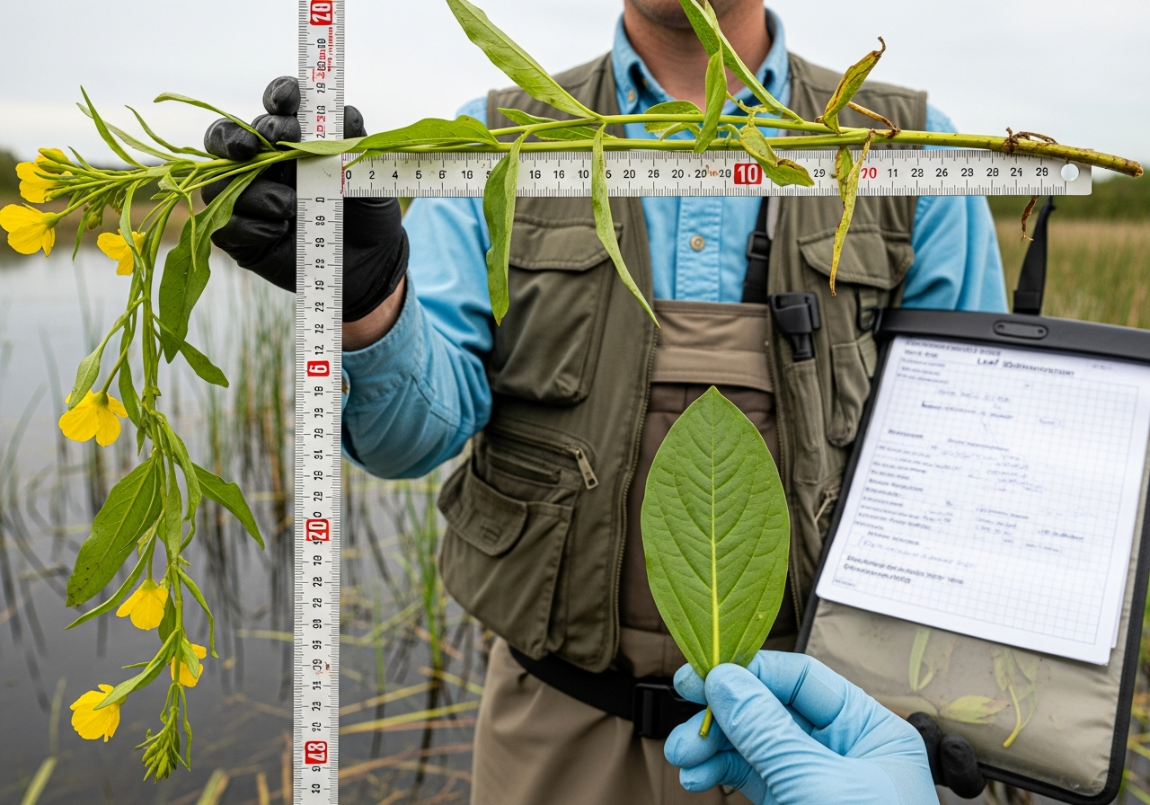 Field botanist holding Ludwigia peploides specimen with measurement ruler for identification