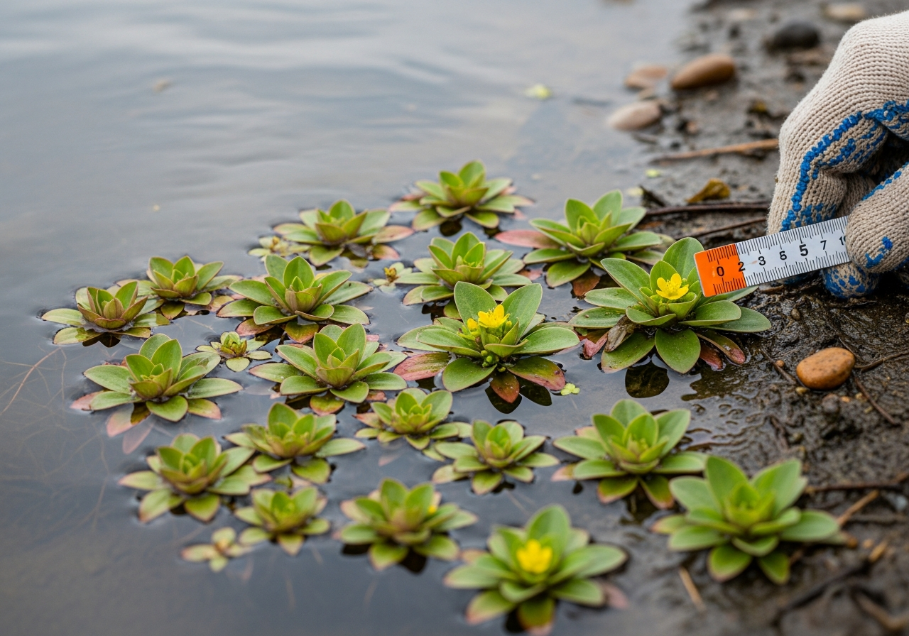 Early detection of Ludwigia peploides seedling at water edge during invasive species survey