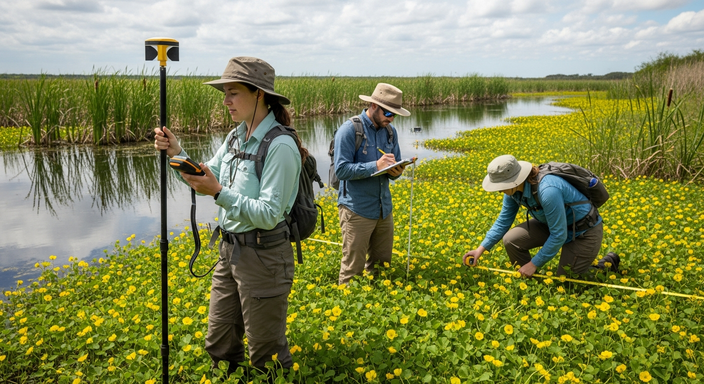 GPS field survey team mapping Ludwigia peploides boundary in wetland