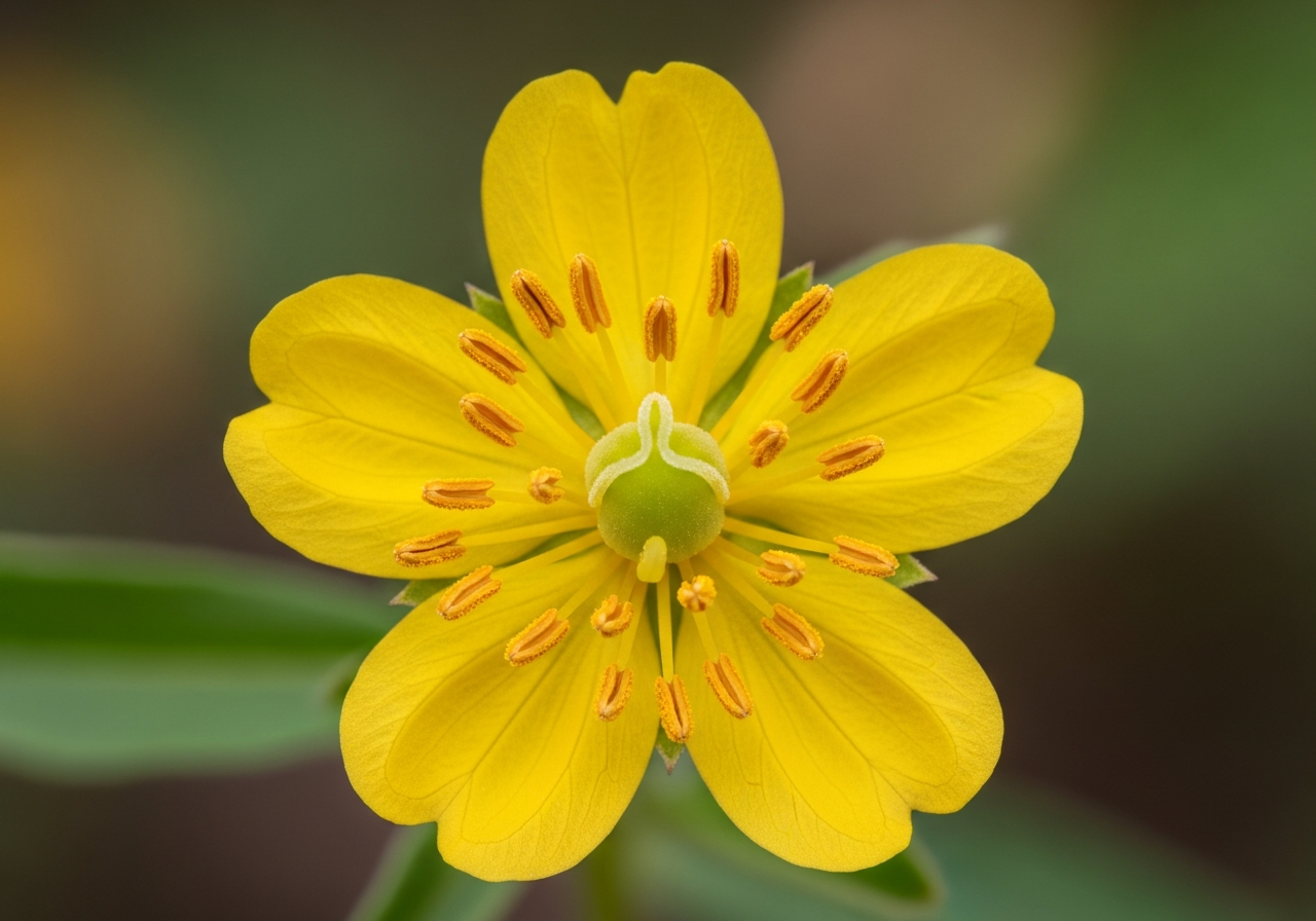 Macro photography of Ludwigia peploides five yellow petals with stamens and stigma visible