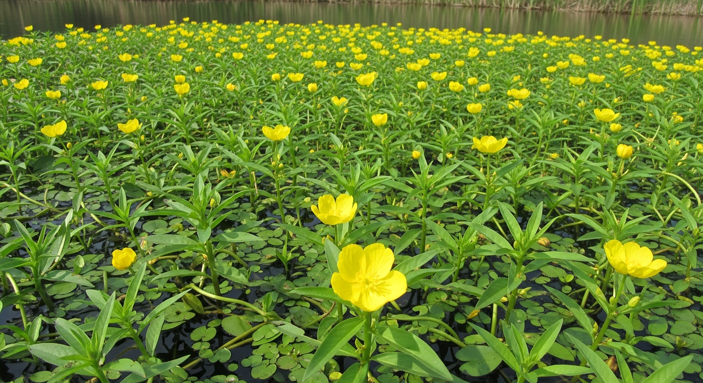 Ludwigia peploides summer peak growth with fully developed floating mat and yellow flowers