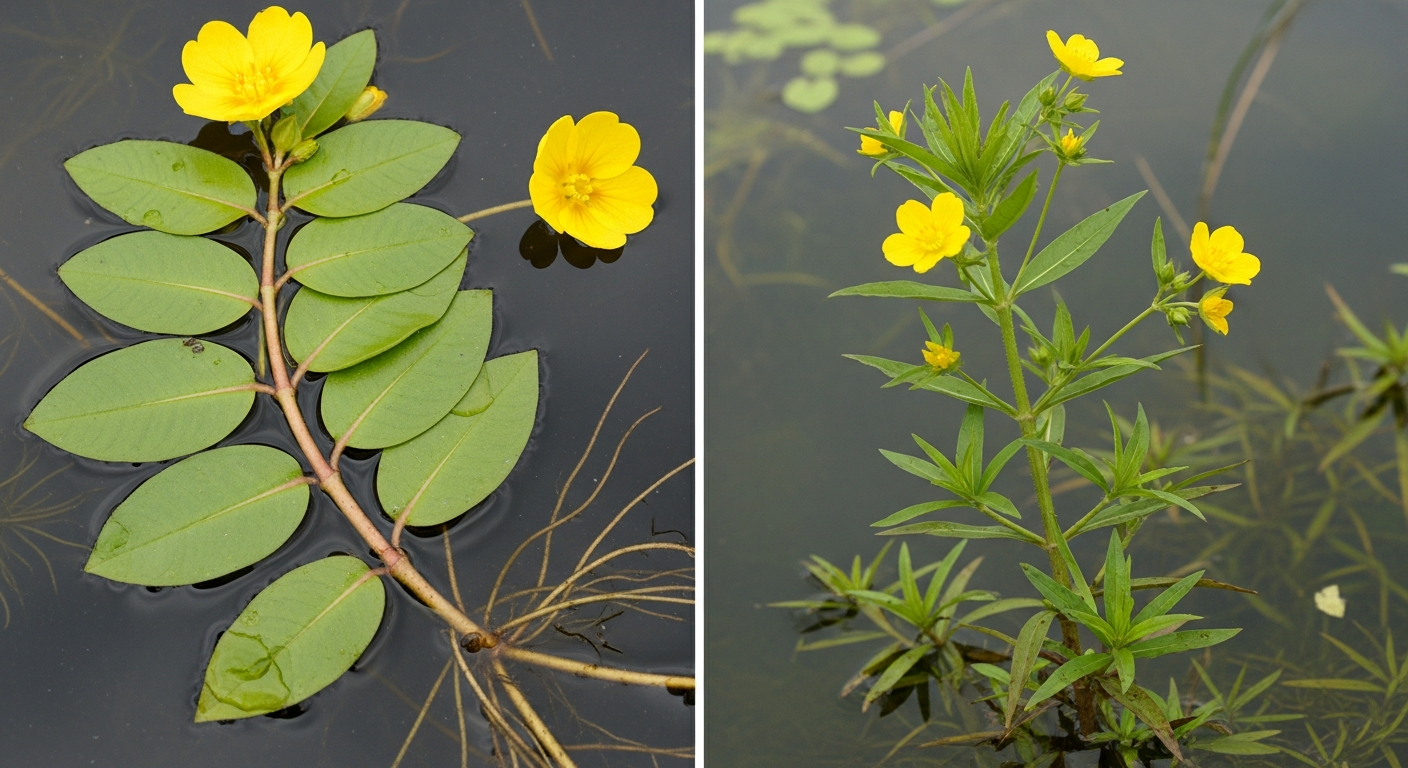 Side-by-side field comparison of Ludwigia peploides versus similar native aquatic plants