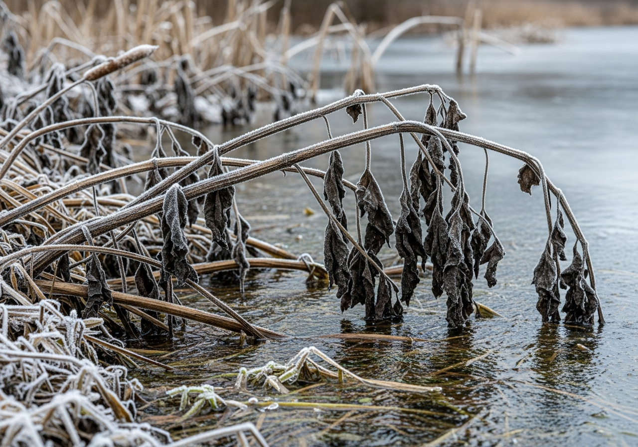 Senescent brown stems of Ludwigia peploides in late autumn after frost dormancy