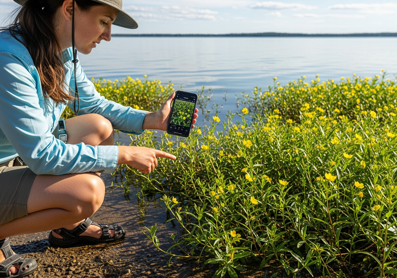 Citizen scientist using smartphone app to identify invasive water primrose at lake shore
