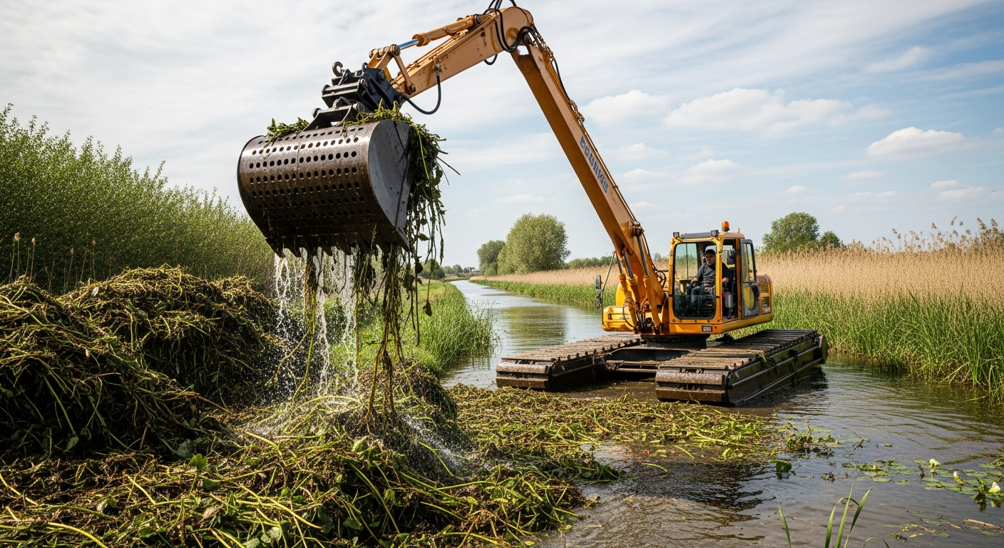 Amphibious excavator dredging water primrose biomass from irrigation canal