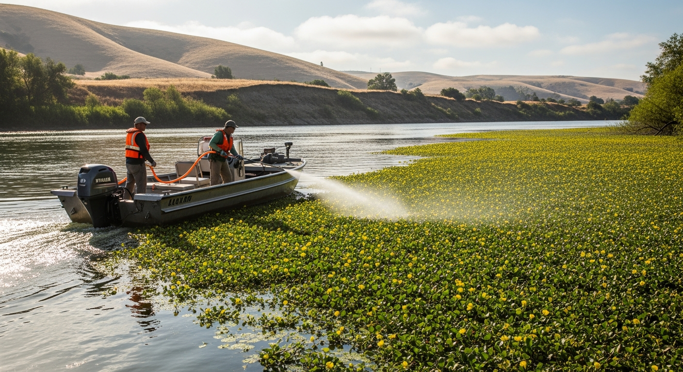 Aquatic herbicide spray boat treating Ludwigia peploides infestation on California river