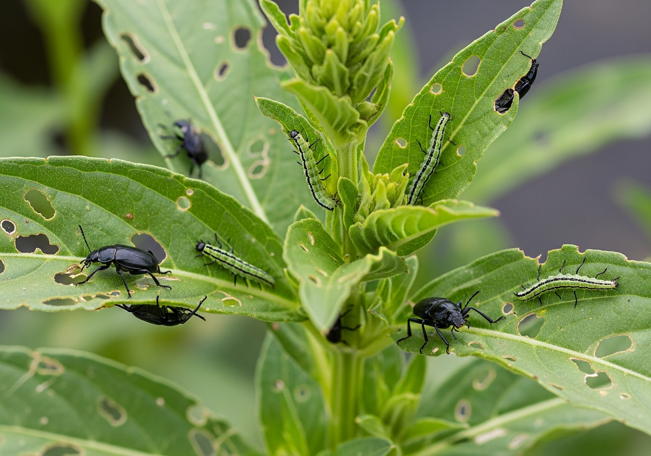 Biological control insects feeding on Ludwigia peploides leaves with visible feeding damage
