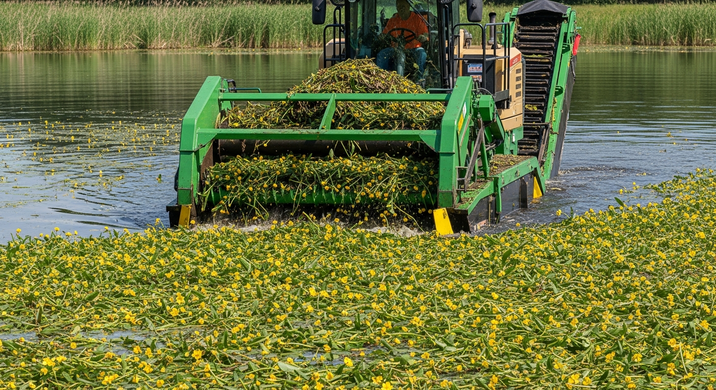 Large mechanical aquatic weed harvester removing water primrose from lake