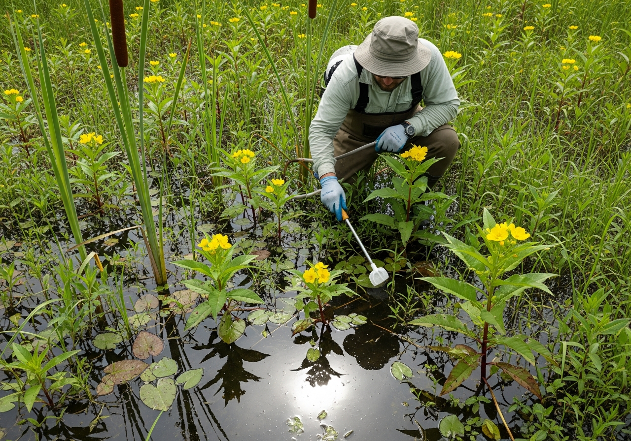 Targeted wick applicator herbicide treatment on individual Ludwigia peploides plants