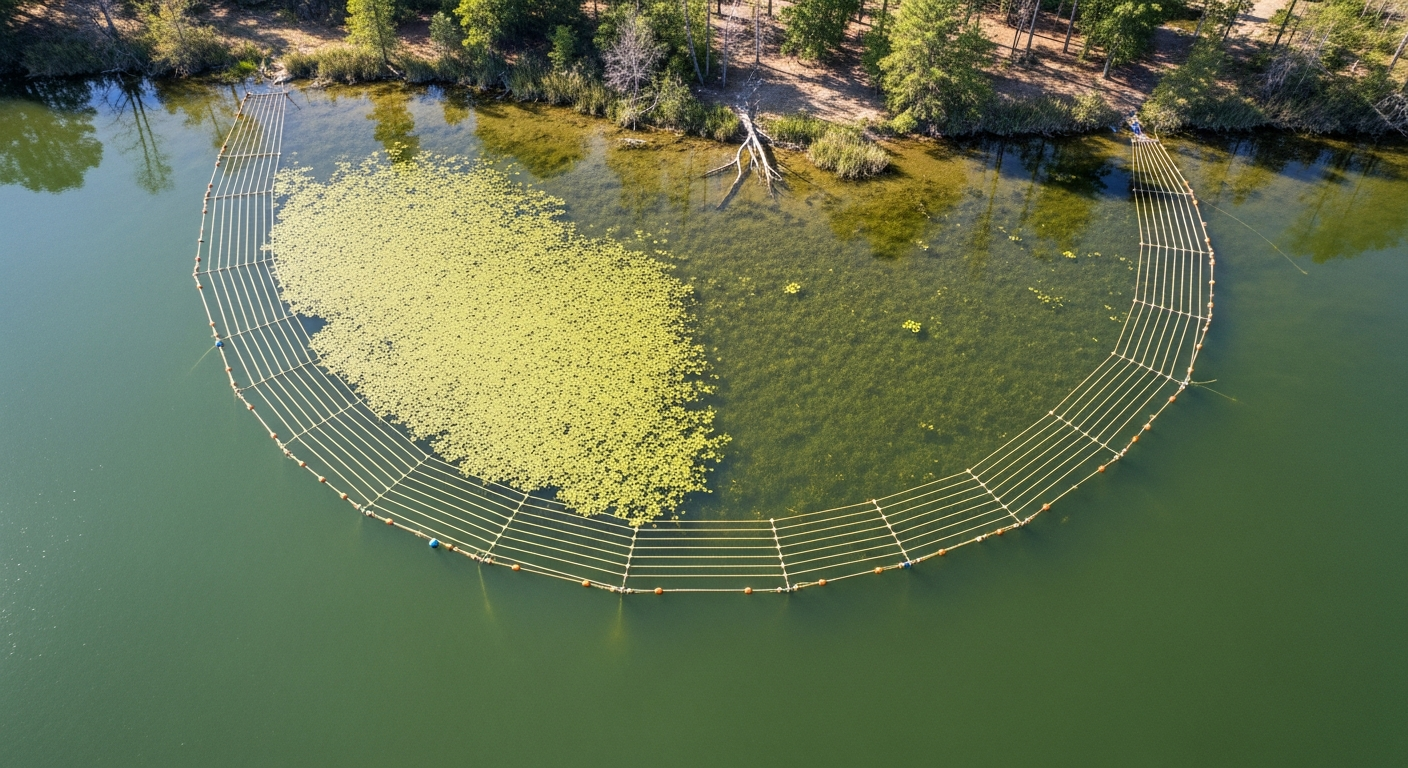Underwater rope barrier system installed to contain Ludwigia peploides mat spread