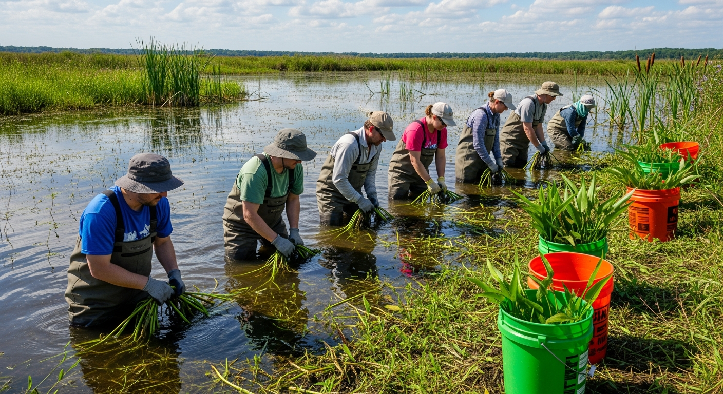 Volunteer team in waders manually pulling Ludwigia peploides from freshwater marsh