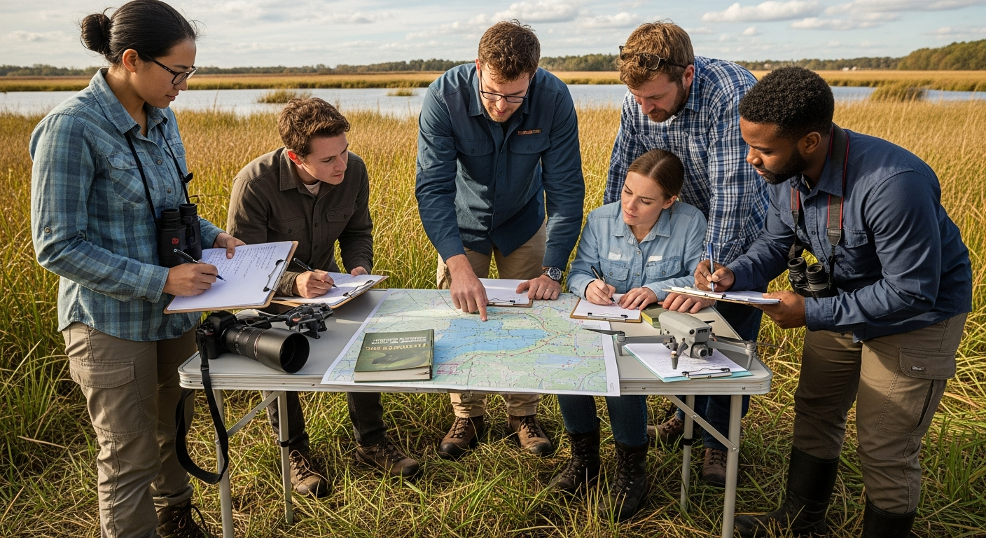 Water resource management team conducting integrated pest management planning at wetland