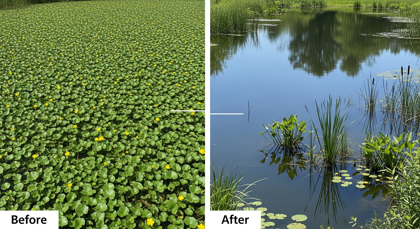 Before and after comparison of wetland cleared of Ludwigia peploides showing restoration