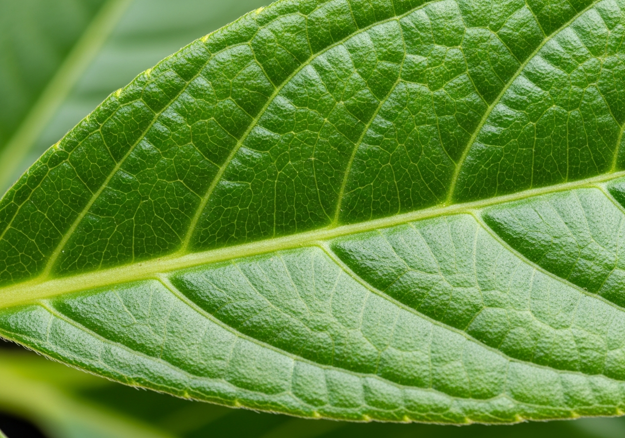 Macro close-up of Ludwigia peploides leaf showing glabrous texture and ovate shape