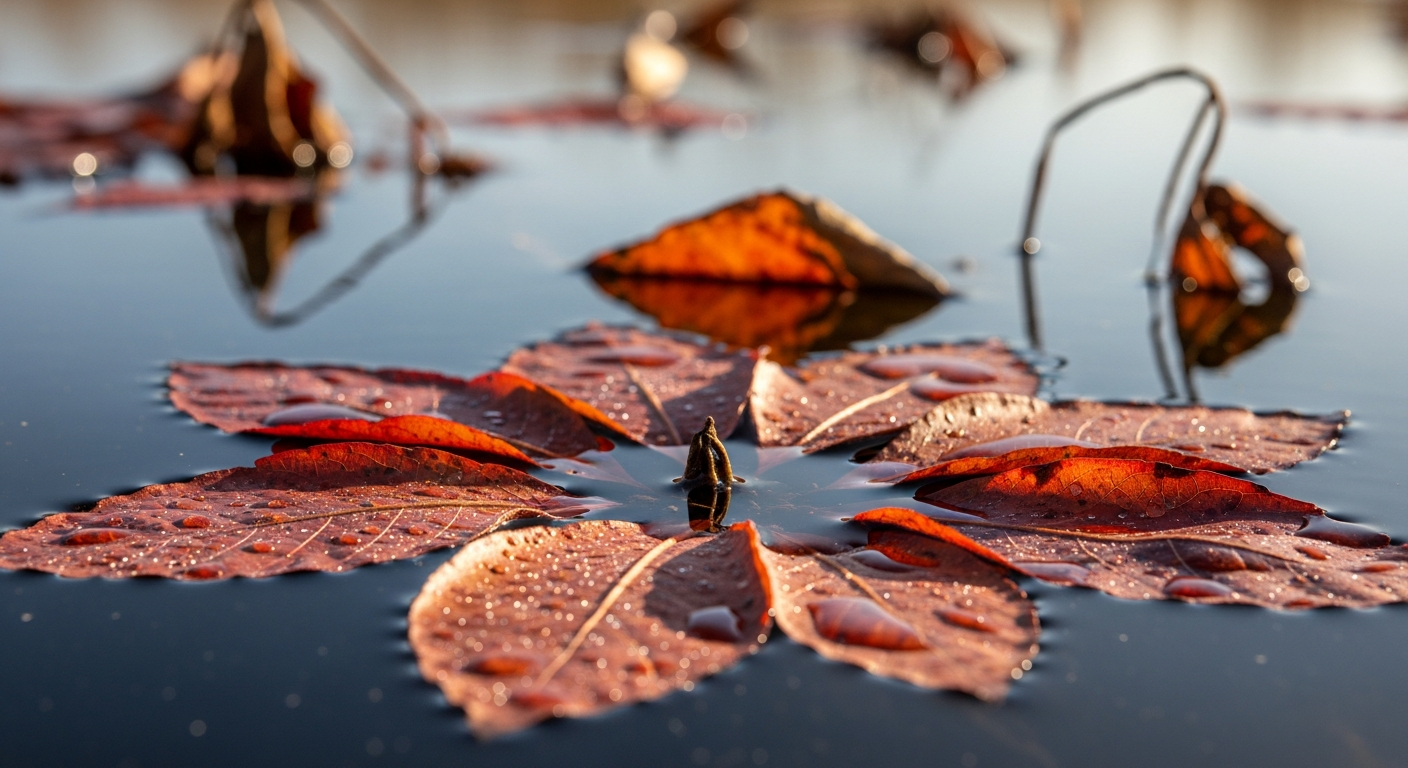Ludwigia peploides in autumn senescence with reddish-orange dying foliage on water