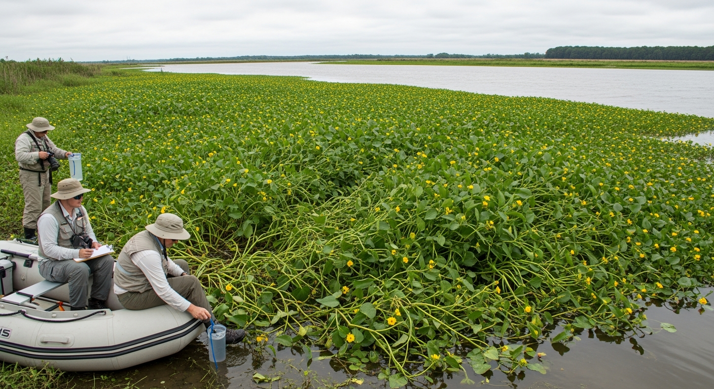 Ludwigia peploides colony expanding along river delta, biomass accumulation in slow water