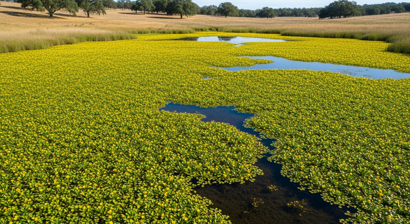 Dense Ludwigia peploides mat covering California freshwater wetland from aerial view