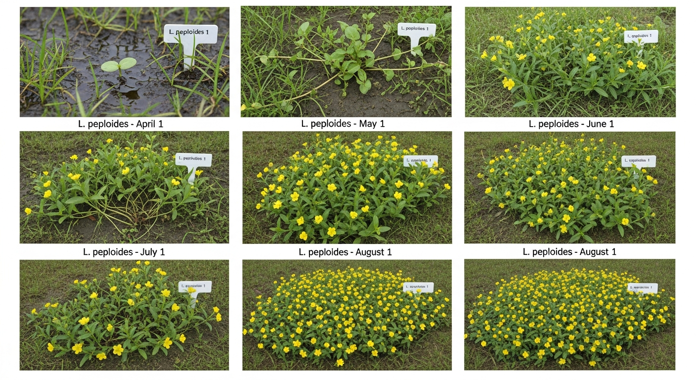 Sequential growth stages of Ludwigia peploides from spring seedling to summer mat