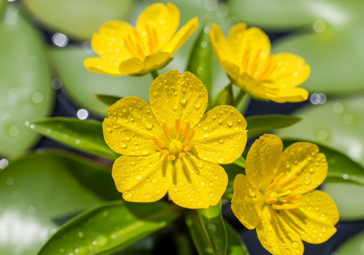 Ludwigia peploides five-petalled yellow flower in full bloom with water droplets