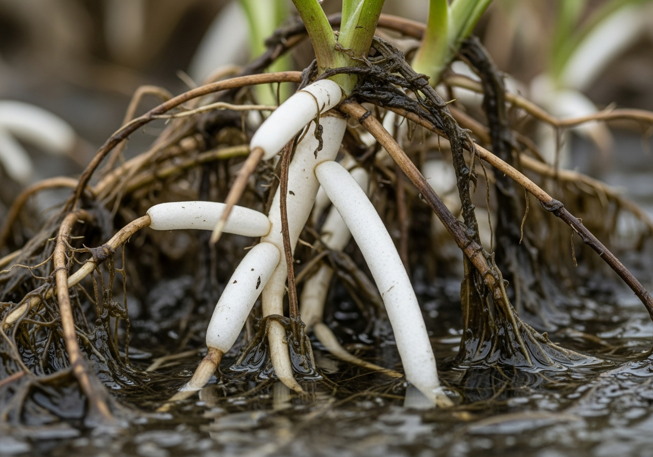 Ludwigia peploides pneumatophore root structures emerging from dense floating mat