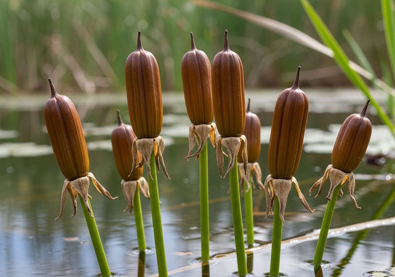 Ludwigia peploides seed pods and fruiting stage with brown cylindrical capsules