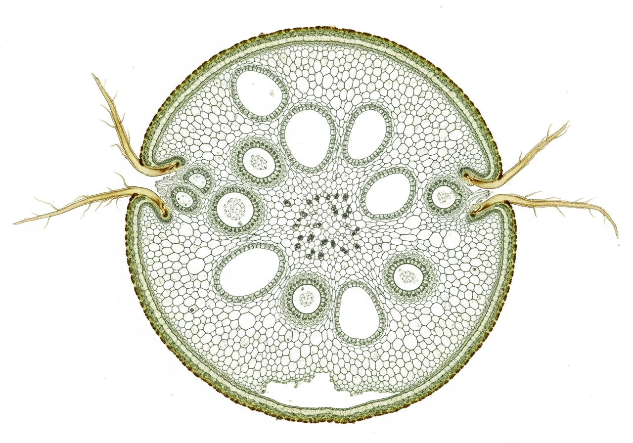 Ludwigia peploides stem cross-section showing spongy aerenchyma tissue and root nodes