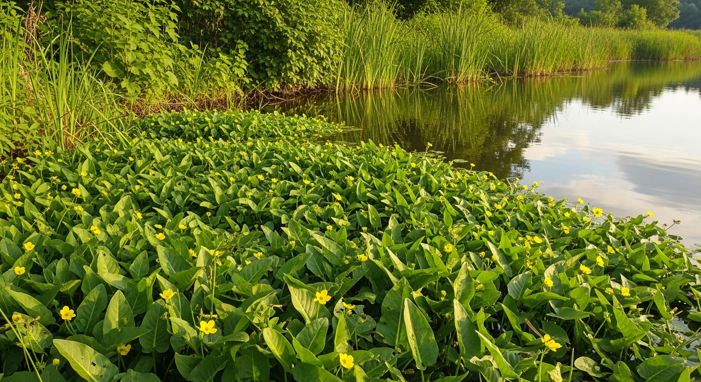 Creeping water primrose spreading across calm pond surface toward shoreline