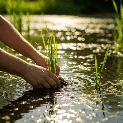 Hands planting native wetland plants in a restored aquatic ecosystem