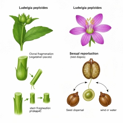 Detailed illustration of Ludwigia peploides reproductive strategies