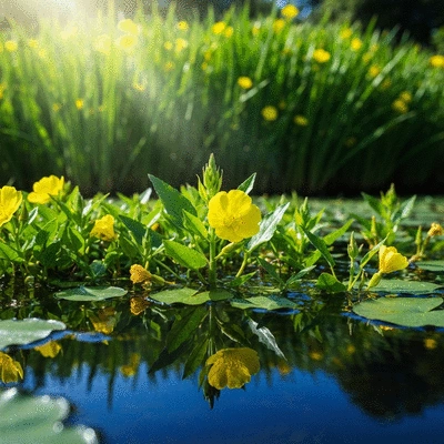 Ludwigia peploides growing densely in a shallow pond with yellow flowers